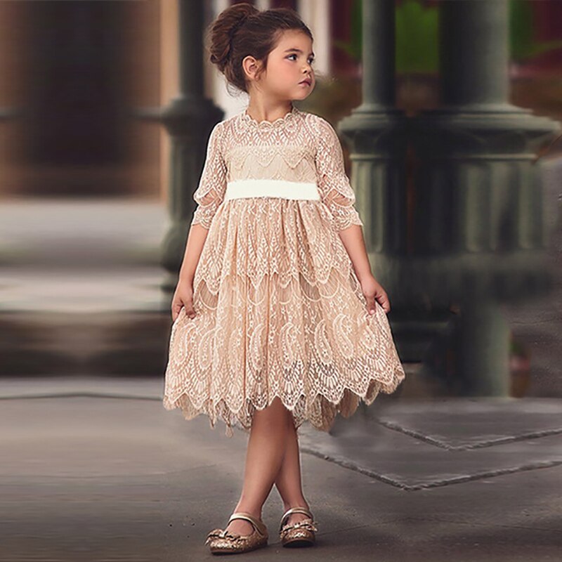 Baby Girl Dress Lace Three Quarter Sleeve Princess Girls Party Gowns Children A Line Flower Girl Dress Baby Costume