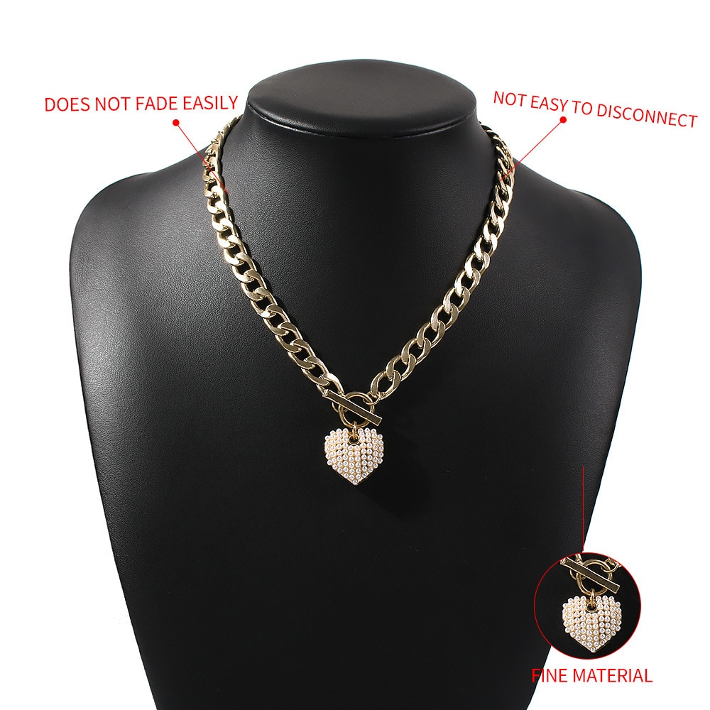 KMVEXO Punk Simulated Pearl Love Heart Pendant Necklace Women Thick Toggle Clasp Couple Party Jewelry Necklaces Christmas