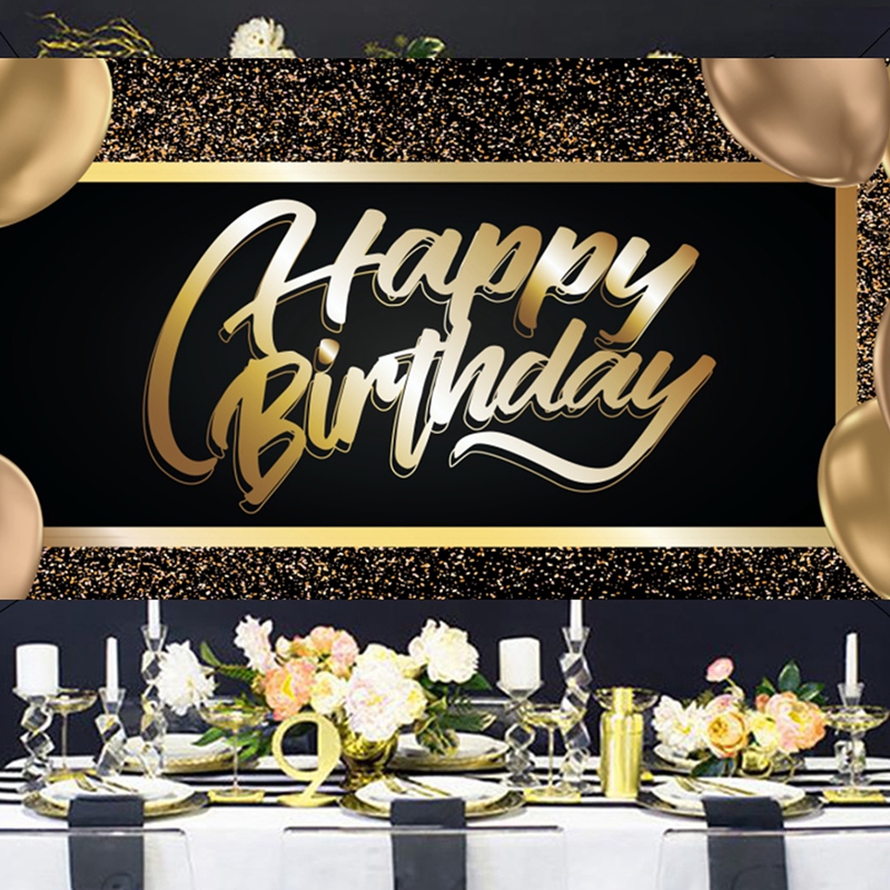 Black Gold Happy Birthday Backdrop Birthday Party Decoration Birthday Background Banner Gold Glitter Hanging Flag Anniversary