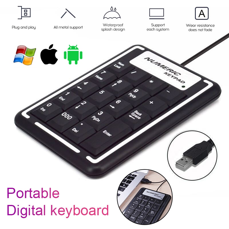 USB Wire Numeric Keypad Mechanical Feel Number Pad Keyboard 19 Keys Water-Proof Keyboards For Laptop Desktop PC Notebook Black