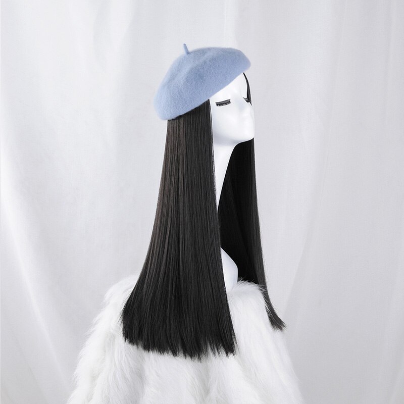 Boina de peluca sin pegamento, pelo liso clásico, Boina de pelo corto, Boina con volante grande, boina, peluca, gorro