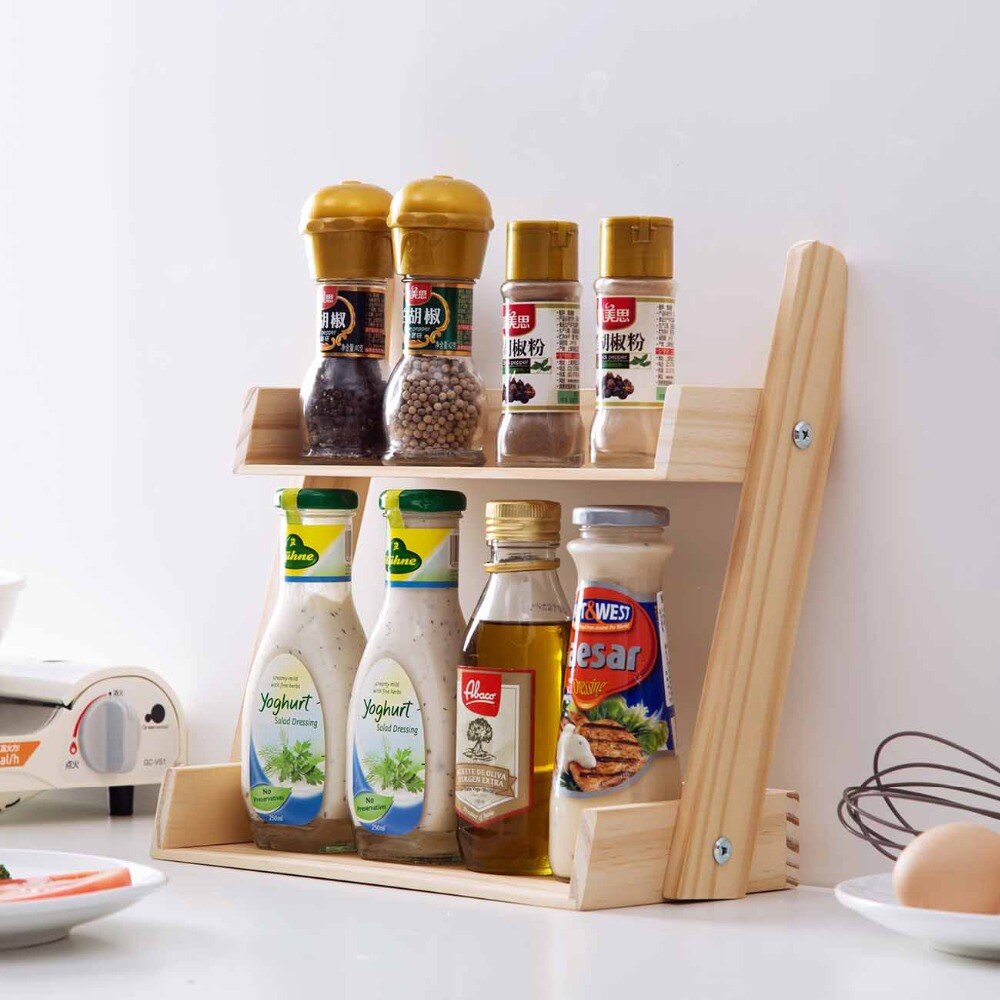 Desktop Wood Shelf Kitchen Rack Organizer Kitchen Storage Shelf Spice Rack Seasoning Jars Bottles Holder Kitchen Accessories