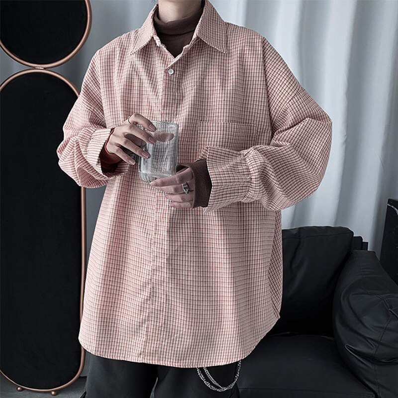 Camisas a cuadros informales de talla grande para hombre, ropa de Coreana de otoño con retazos, camisa rosa de manga larga para hombre, blusa para hombre