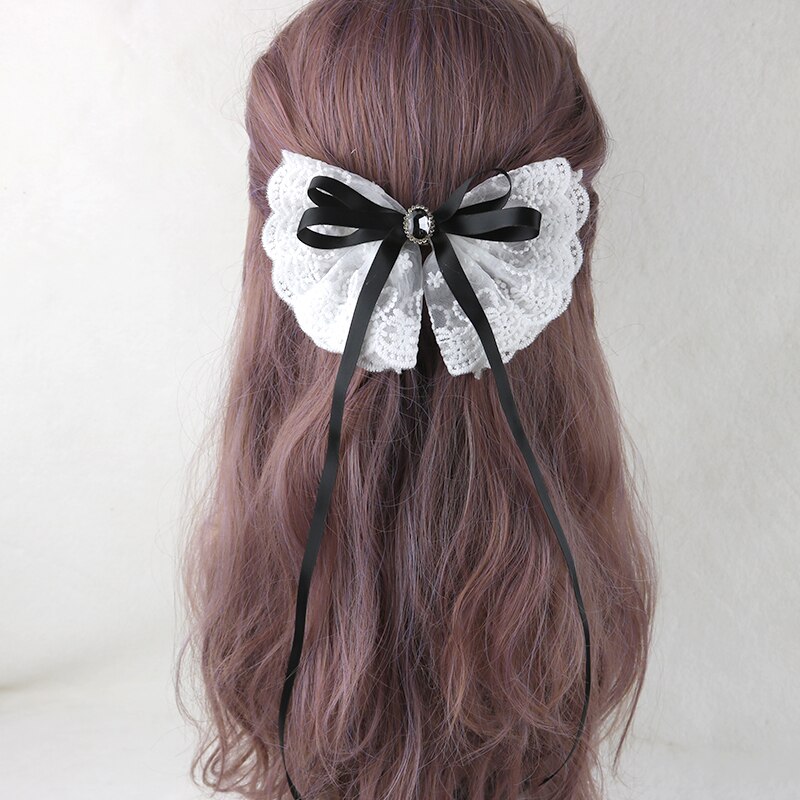 Japanse Lolita Meisje Lange Streamer Haarspeld Prinses Clip Handgemaakte Strik Kant Haar Accessoires Vrouwen Paardestaart Clip: Black