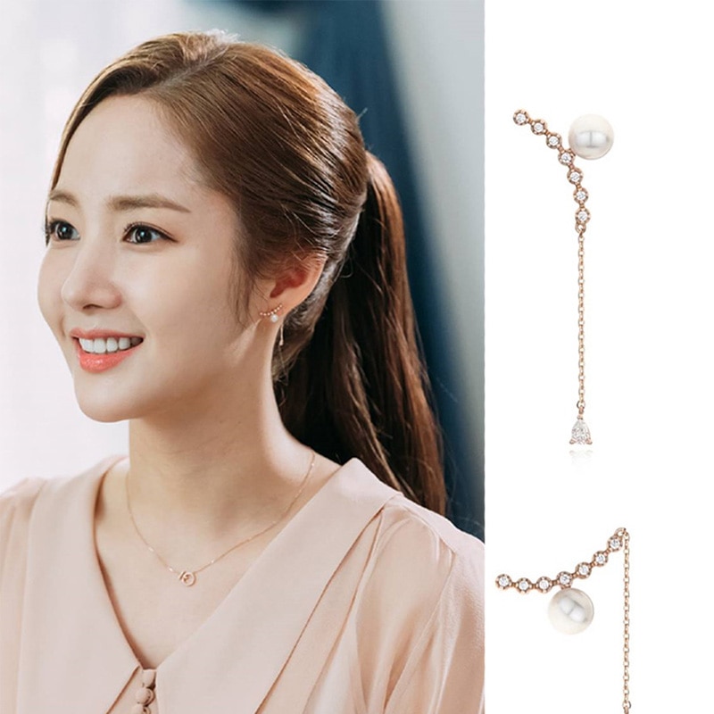 Women Korean TV Star Zircon Cute Simulation Pearl Earrings Rhinestone Long Line Pendientes Jewelry