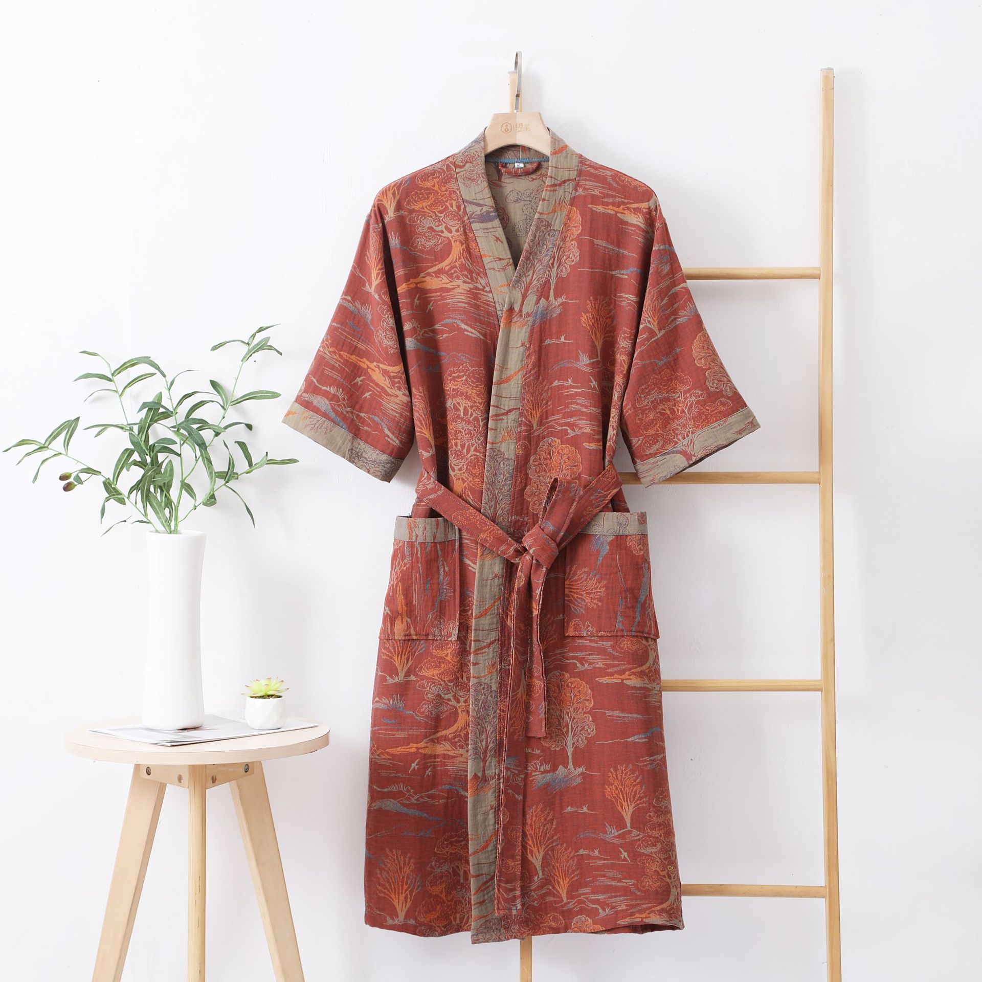 Albornoz de gasa de doble capa de algodón puro para primavera/verano, tela fina teñida, ropa de hogar para parejas, bata tipo kimono de estilo japonés, pijama