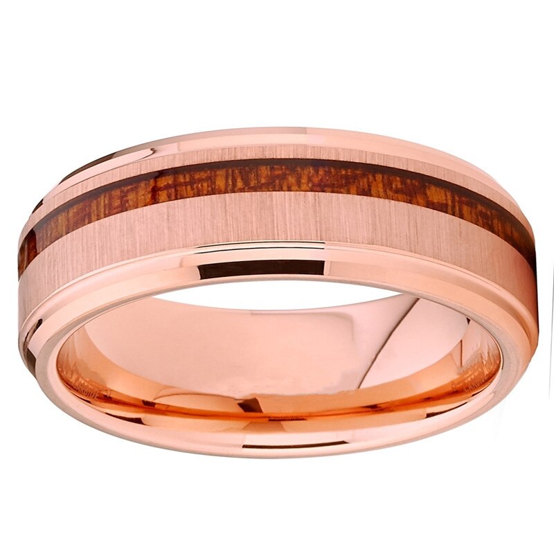 FDLK Herren 8mm Edelstahl Rose Gold Farbe Ring Koa Holz Inlay Hochzeit Band Komfort passen