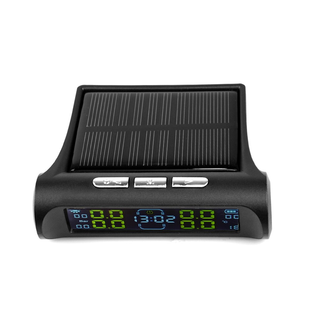 TPMS Wireless Tire Pressure Monitoring System Solar Power Clock LCD Display 4 External/Internal Sensor Tire Pressure Sensors