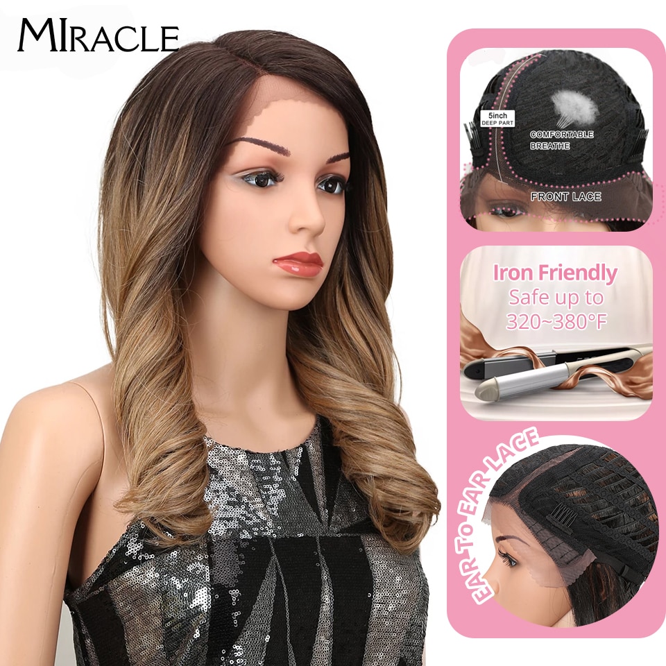 Miracle 20 "Hoge Temperatuur Fiber Hair Omber Gold Golvend Haar Lange Losse Golvend Pruiken Rode Synthetische Lace Front Pruik voor Zwarte Vrouwen