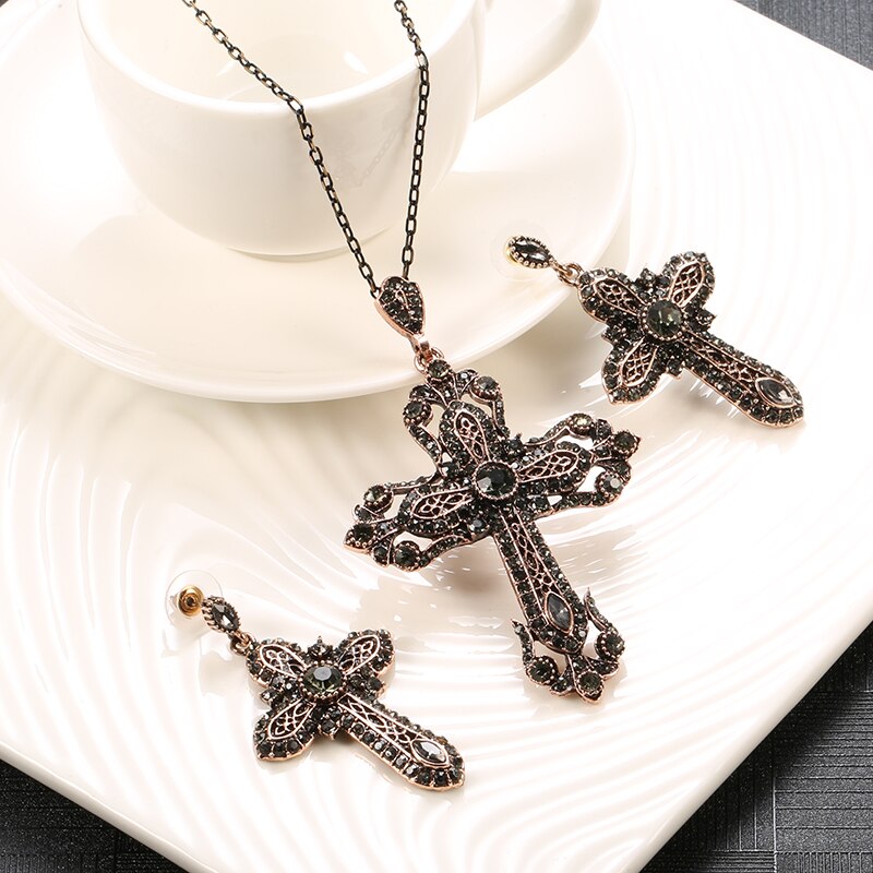 Kinel Noble Grijs Crystal Cross Ketting Earring Voor Vrouwen Vintage Sieraden Set Antieke Gouden Ketting Bijoux Religieuze