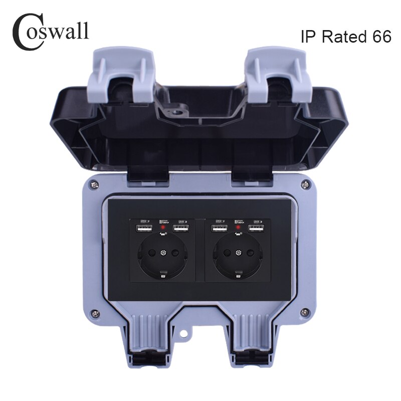 Coswall IP66 Weatherproof Waterproof Outdoor External Wall Socket Double EU Standard Outlet With 4 USB Charge Port Black White