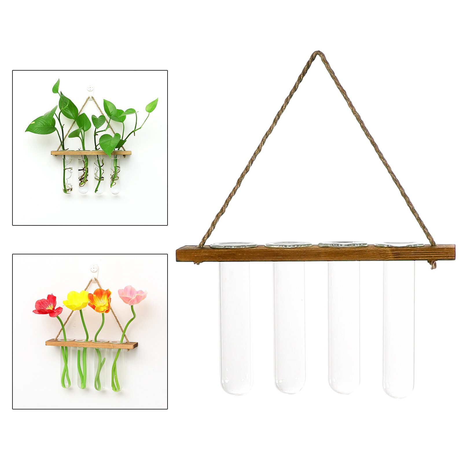 Glass Hanging Planter Terrarium Plants Wood Hanger Test Tube Vase Natural: Dark Brown