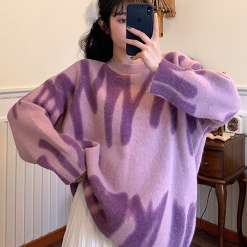 Grønn print strikket genser kvinner vintage grønn stripet genser overdimensjonerte gensere kvinner streetwear løse lange gensere sueter: Lilla