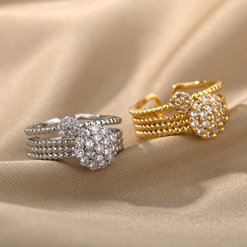 Verstellbare zirkonia-ringe mit blumenmuster für damen, edelstahl, Gold- und silberfarben, paarringe, hochzeitsschmuck, anillos mujer