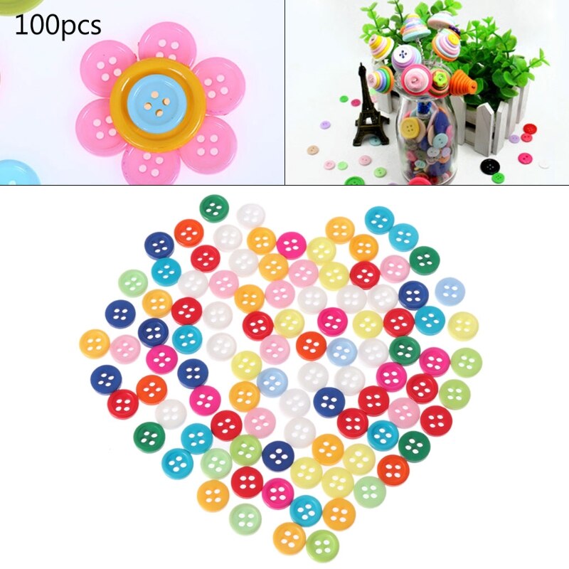 100Pcs 4 Gaten Gemengde Kleur Ronde Resin Knoppen Fit Voor Naaien En Scrapbook 9Mm XX9E