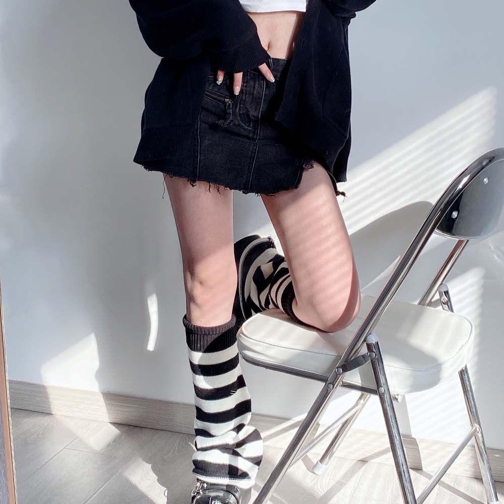 Lolita – jambières longues japonaises gothiques pour femmes, Leggings à rayures, guêtres, chaussettes d&#39;hiver tricotées, manchettes, chauffe-chevilles