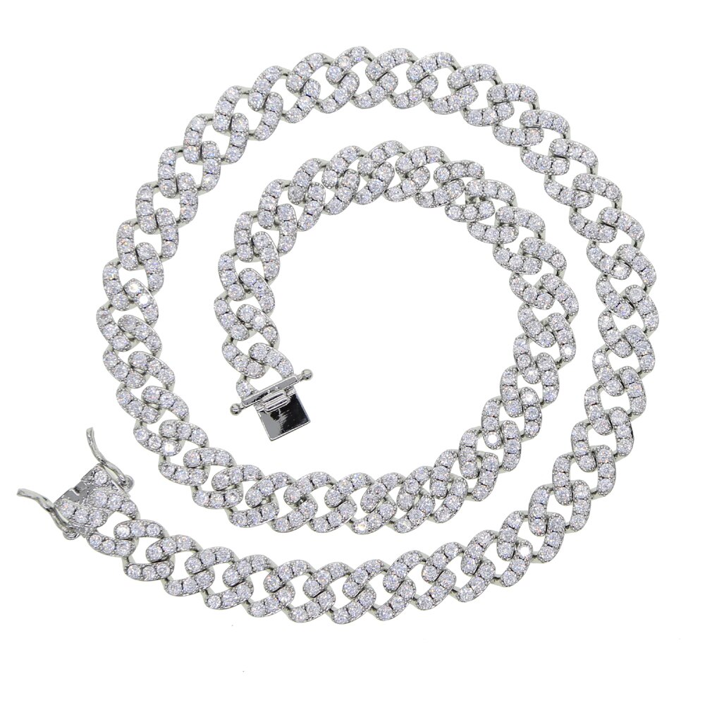 9mm iced out bling cz Miami cuban link chain Two tone With White &Pink cz choker necklace silver color women jewelry: Silver White / 46 cm