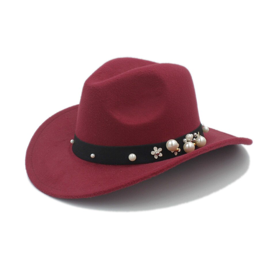 Kvinder chapeu western cowboy hat til dame cowgirl bredskygge jazz kirke kasket cloche sombrero top cap: Rødvin