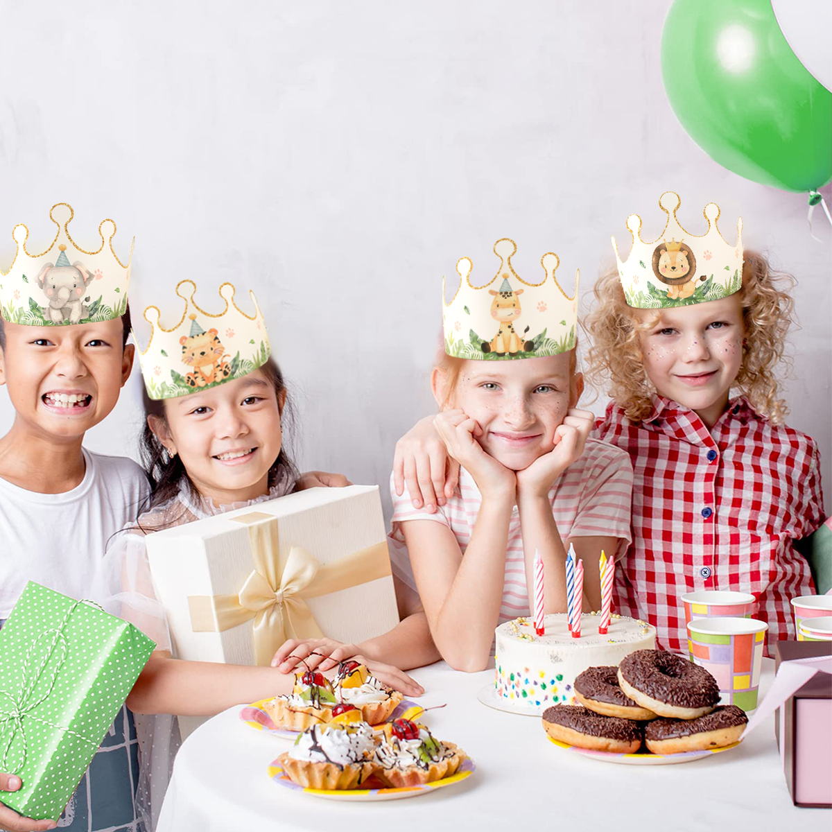 6pcs Cartoon Jungle Animal Party Paper Caps Crown Party Hats For Kids Wild One Birthday Party Woodland Baby Shower Supplies