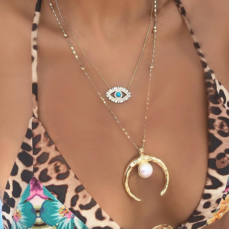 FLOLA oro riempito blu il male occhio Collane per Le Donne Collane Del Pendente Greca cubo Zirconia Dei Monili Turco olho grego nkeq01