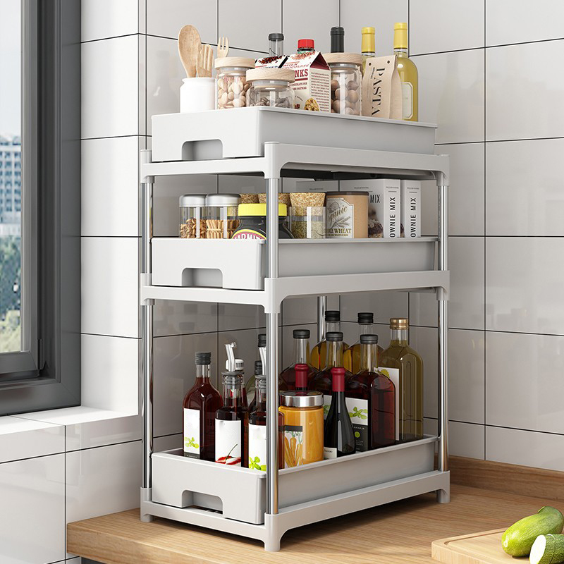 Estante de almacenamiento para encimera de cocina, cajones deslizantes de acero inoxidable, bandeja de armario, caja de especias, organizador debajo del fregadero