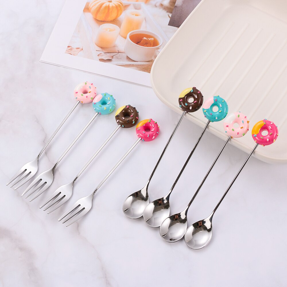 1PC Mini Dessert Spoon Stainless Steel Spoon Fork Ice Cream Coffee Stirring Spoons Teaspoon Donut Fruit Fork Kitchen Accessories