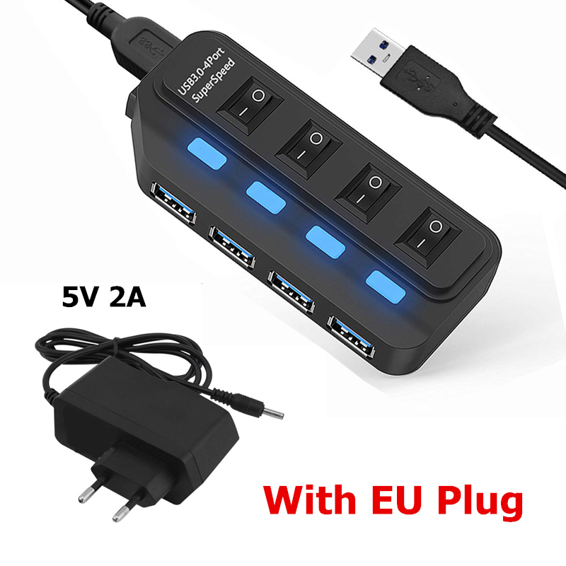USB HUB 3.0 4 7 Poorten met Schakelaar LED Meerdere USB Splitter US/EU/AU/UK power Adapter voor Laptop PC Computer Accessoires: 4 Ports with EU Plug