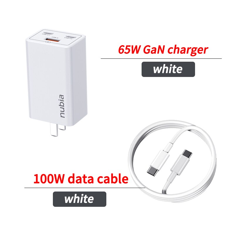 Originele Nubia 65W Gan Quick Charger Adapter 100W 5A Kabel Voor Nubia Redmagic 6R 6 Pro 6S pro Telefoon Max Output 65W Pd Charger: GaN 2Pro Cable White