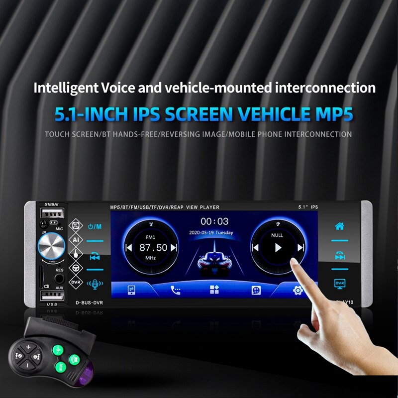 Reproductor MP5 para coche, Radio con Control de voz, RDS, AM, FM, 4USB, bidireccional, 1DIN, 5,1 pulgadas, 5188