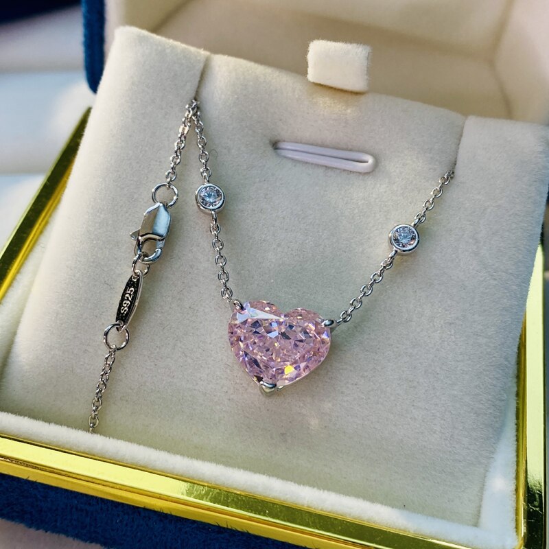 OEVAS 100% de Plata de Ley 925 Plata brillante Topacio rosa con alto contenido de carbono diamante corazón colgante de collar para las mujeres de joyería fina