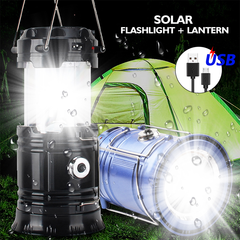 Solar Power Draagbare Oplaadbare Zaklamp Voor Camping Wandelen Noodverlichting Vouwen Outdoor Flash Light Camping Tent Lamp