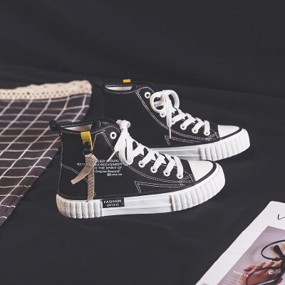 Vrouwen Canvas Schoenen Lente Meisje Casual Schoenen Platte Hak Hoge Top Rits Effen Kleur Sneakers Studenten kaki: Black / 35