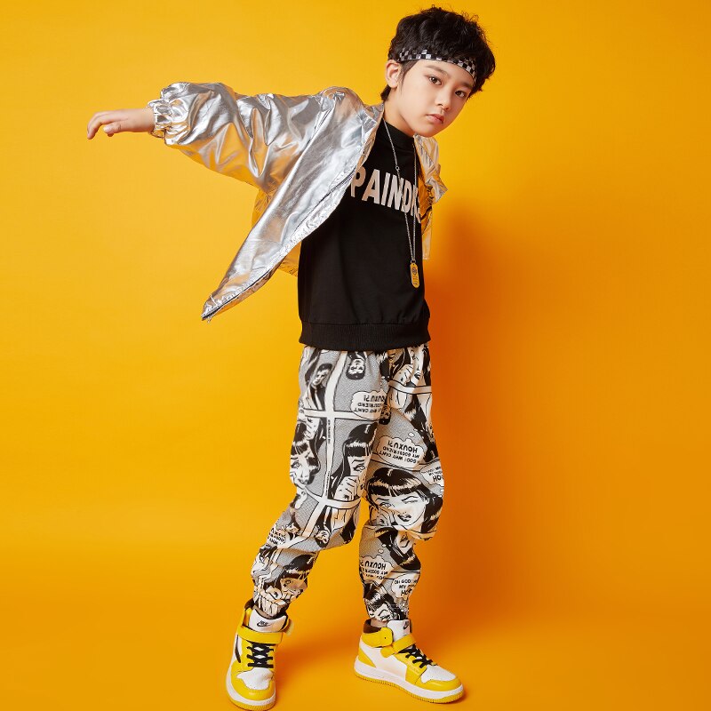 Jazz Dance Kostüme Jungen Silber Hip Hop Street Dance Praxis Tragen Kinder Bühne Rave Outfit Druck Leistung Kleidung DC3113
