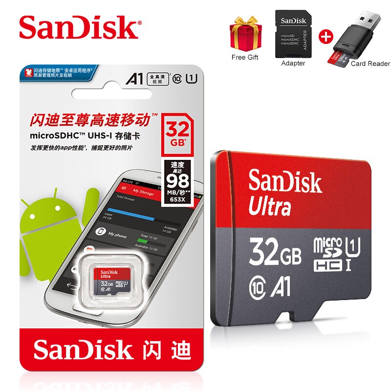 Sandisk Ultra mikro SD 128 GB 32GB 64GB 256GB 16GB karta Micro SD SD/TF karta pamięci Flash 32 64 128 gb microSD na telefon: 32G Card Reader