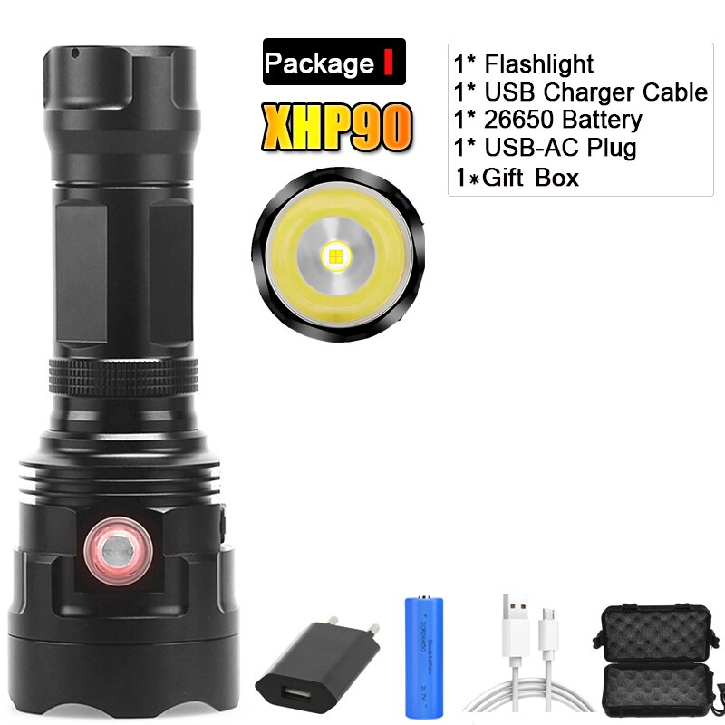 Super Bright XHP90 USB Rechargeable LED Flashlight Powerful Torch Waterproof XHP70 Light Use 18650 or 26650 Battery: Package I