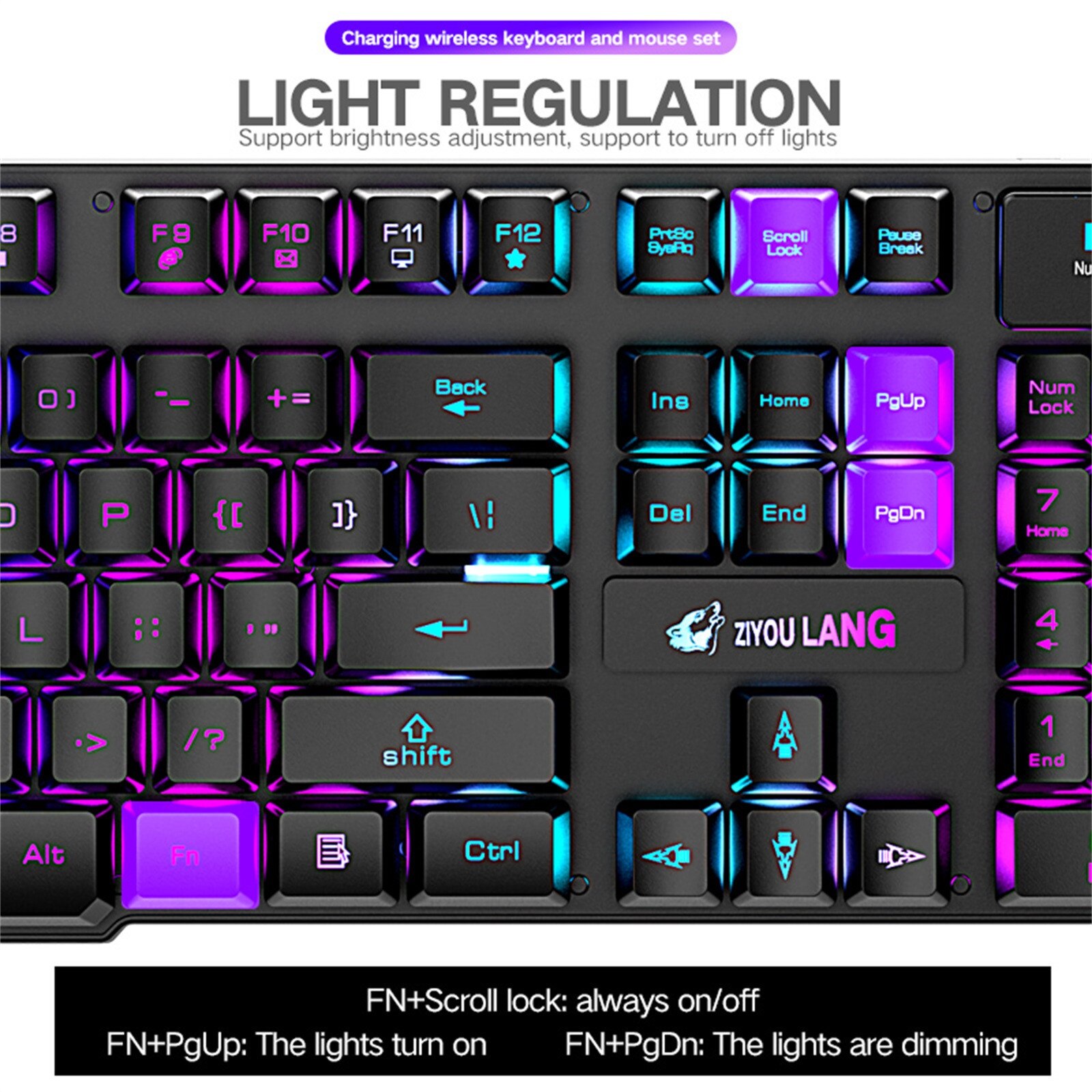 Juego de teclado y ratón inalámbricos para videojuegos, impermeable, a prueba de polvo, retroiluminación LED arcoíris, ergonómico, recargable, ratón de 2400DPI