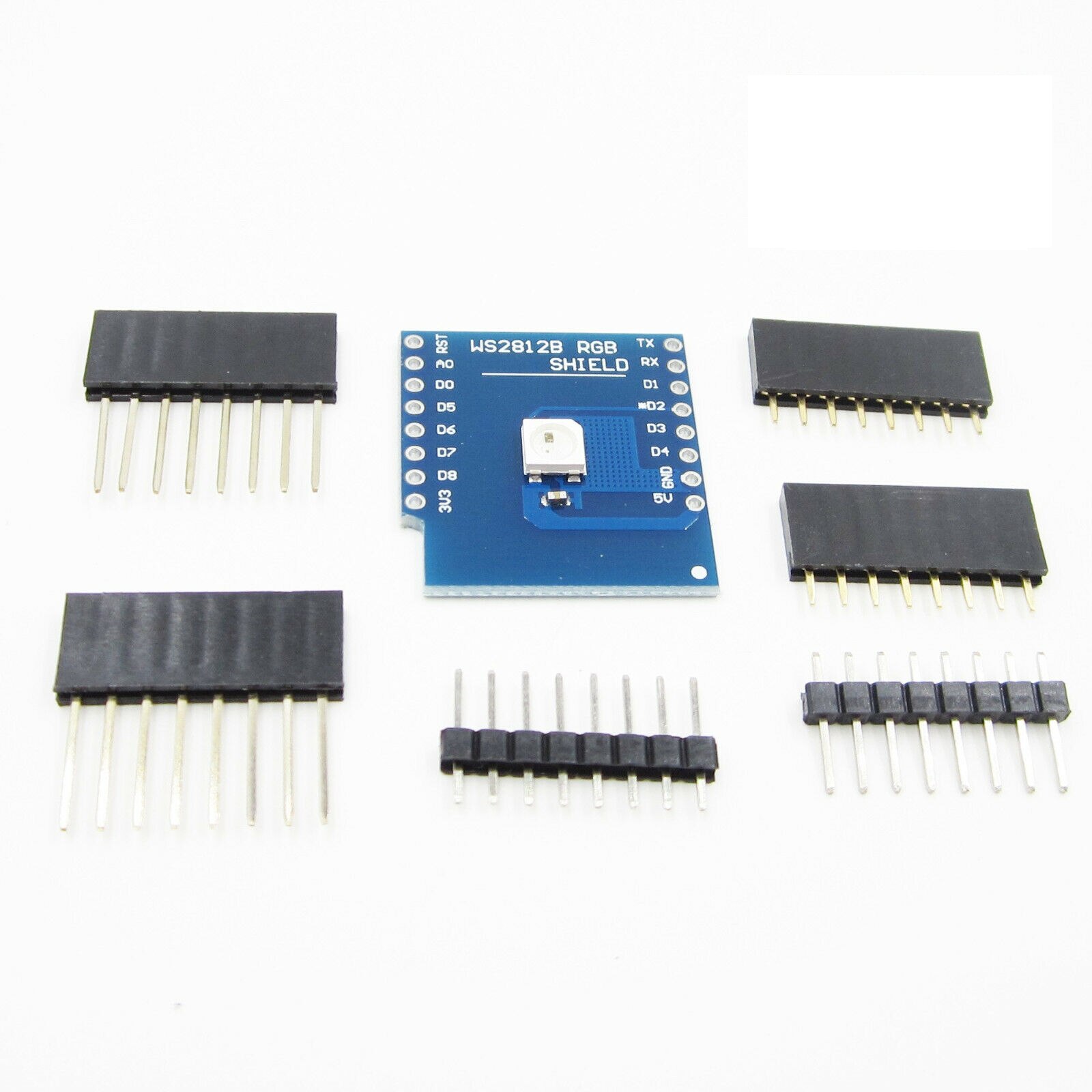 WS2812B LED RGB Shield for WeMos D1 Mini/pro with a selection of header pins
