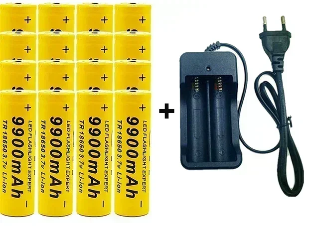 18650 Akku, wiederaufladbarer Akku, 3,7 V, 18650 9900 mAh Kapazität, Li-Ion-Akku für Taschenlampe + Ladegerät: YELLOW