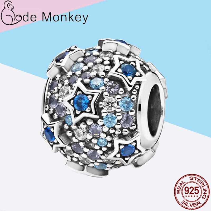 CodeMonkey claro CZ estrella azul alivio Ajuste Original 3mm pulsera y cuelga Plata de Ley 925 100% auténtica joyería CMS1541