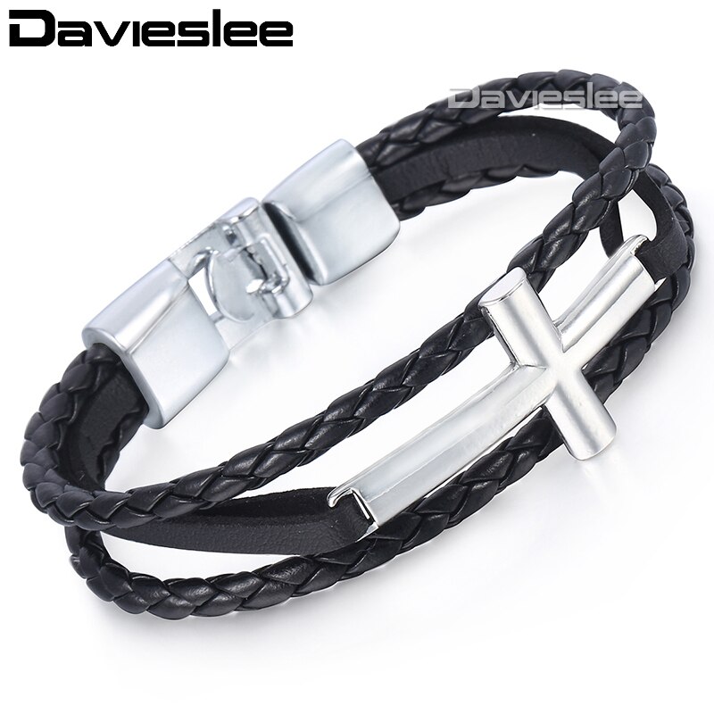 Davieslee Womens Mens Chain Cross Charm Bracelet Wristband Man-made Leather Braided Rope Link Black Silver Color 11mm LLBM117