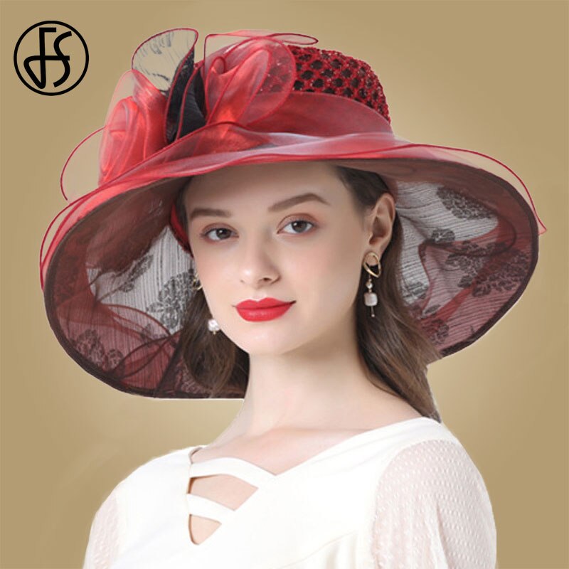 FS Women Black Hats For Summer Wide Brim Sun Hats Big Flowers Kentucky Derby Church Fedora Party Wedding Hat: Red
