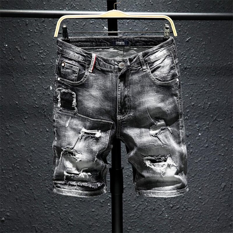 Short en Jean déchiré pour hommes, culotte en Denim, classique, , trous, gris, noir, coton, extensible, longueur aux genoux, été