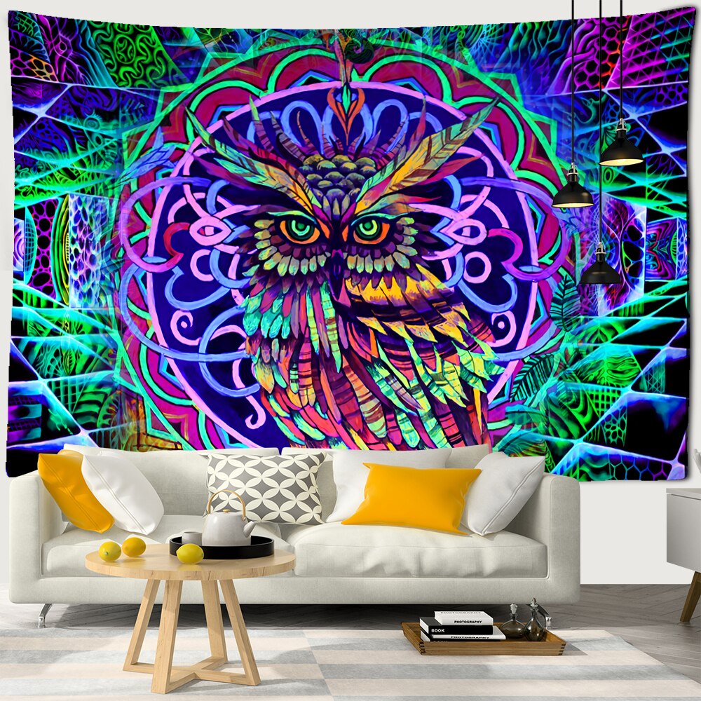 Colorful Psychedelic Owl Tapestry Wall Hanging Bohemian Hippie Art Science Fiction TAPIZ Witchcraft Room Home Decor: 230x150 cm / Purple Grey