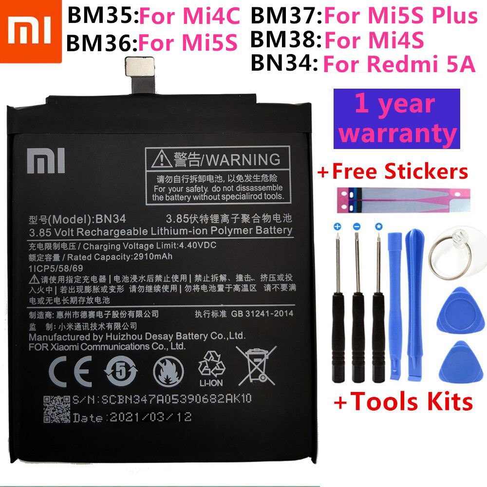 Batería de polímero de litio de repuesto para Xiaomi Redmi 5A, BM35, BM36, BM37, BM38, BN34, 5,0 &quot;, Mi 4C, 5C, 4S Plus, Mi4C, Mi5S, Mi5C