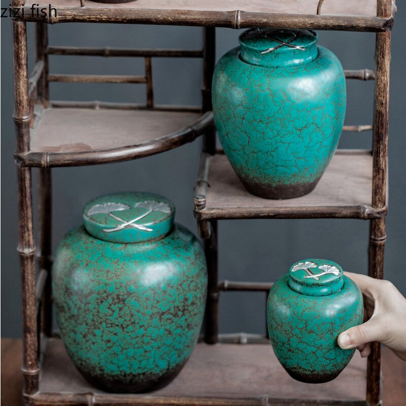 Green Sealed Can Ceramic Tea Caddy Tea Box Tea Container Tea Organizer Storage Tank Tea Can Candy Jar Decorative Jar Storage Box