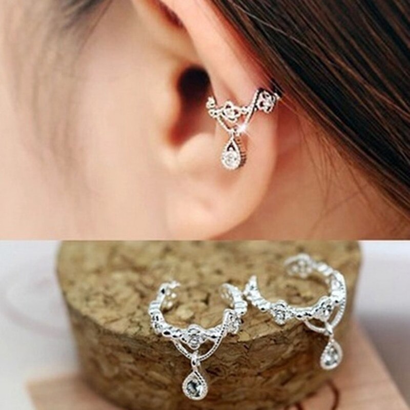 1 Paar Eenvoudige Mode Oor Manchet Wrap Rhinestone Kraakbeen Clip Op Non Piercing Earring