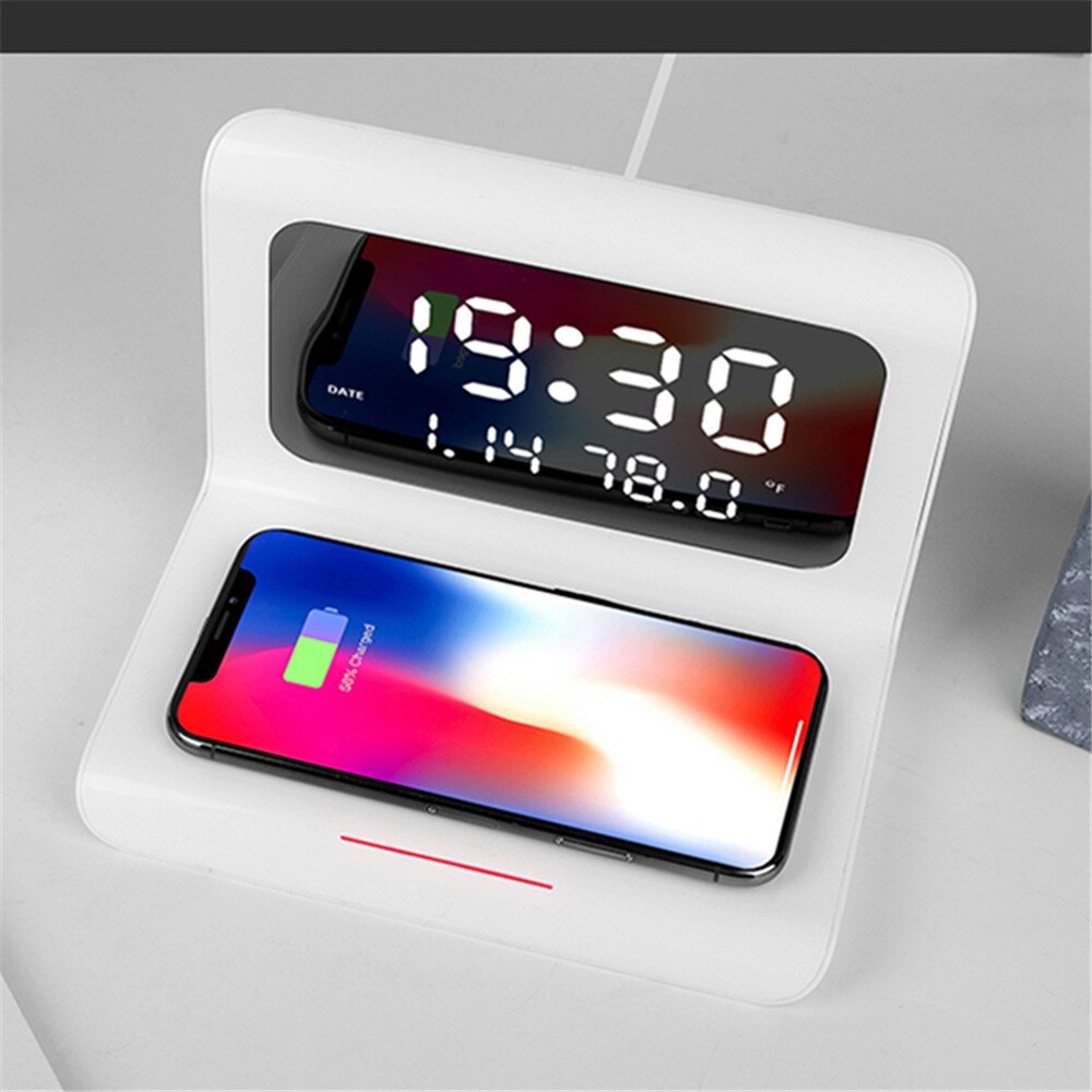 Digital Alarm Clock 2 in 1 Wireless Charger Fast Wireless Charging Dock Station Desk Clock Time Date Temperature Display