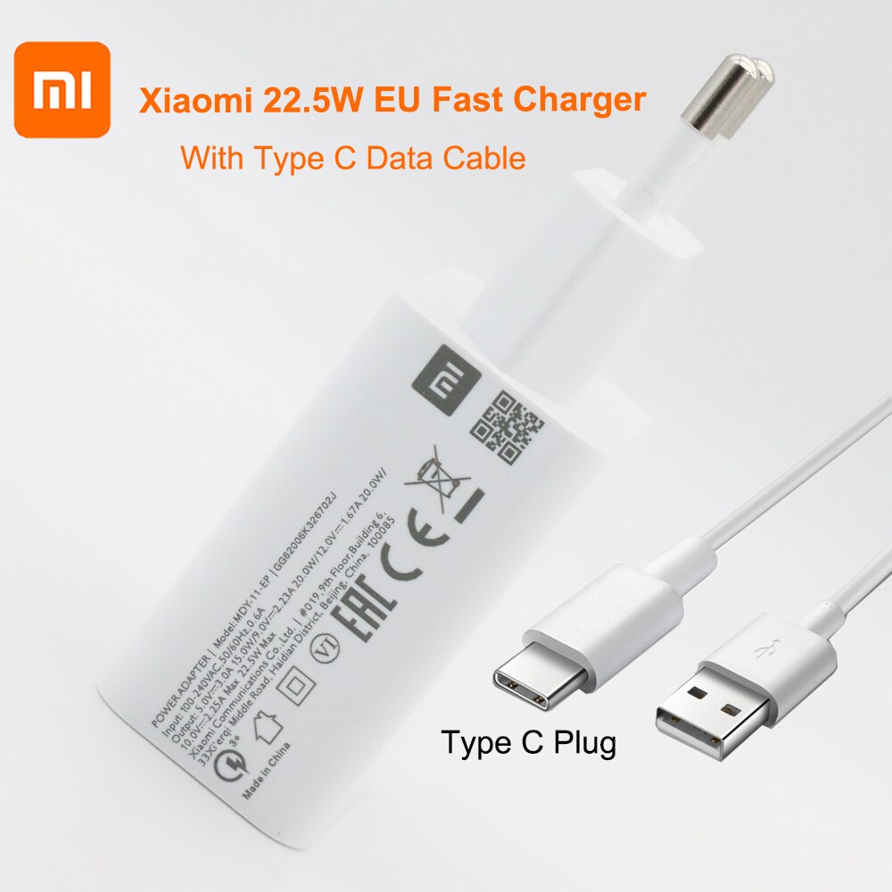 Xiaomi – chargeur mural rapide Original 22.5W MDY-11-EP, câble 3A de Type C pour Mi 110 9 9t 8 SE CC9 Redmi Note K30 Pro 9A 9C: EU With Type C