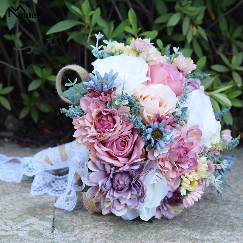 Meldel Wedding Bouquet Flower Pink Purple Blue Bohemian Bouquet Romantic Artificial Flower Silk Rose Dahlia DIY Bridal Bouquets