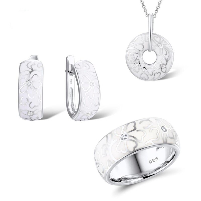Sieraden Set Voor Vrouwen Emaille Witte Bloem Cz Ring Oorbellen Hanger Mode-sieraden